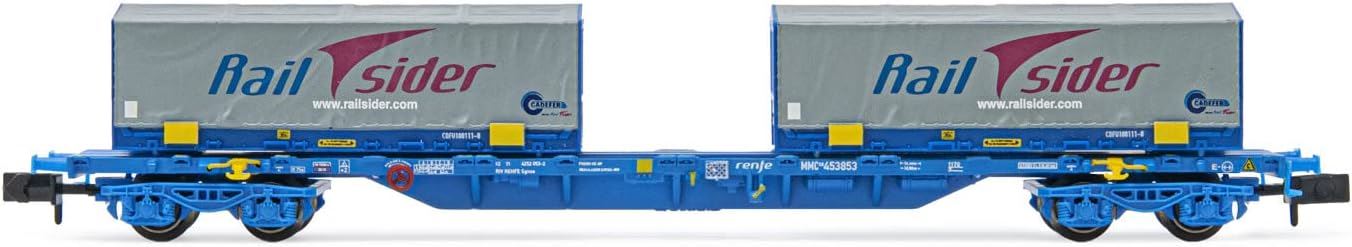 Arnold RENFE MMC loaded with two Cadfer Railsider 22' Flatrack Containers with Grey Tarpaulin period VI