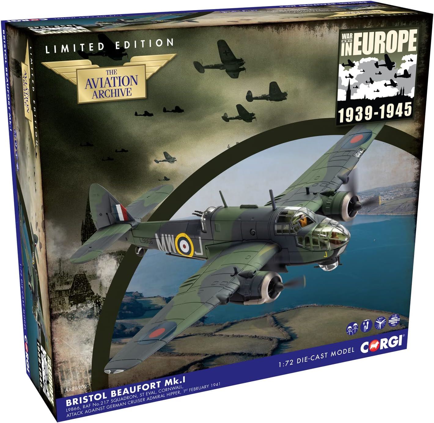 Corgi Bristol Beaufort Mk.1 MW-J 217 Sqn RAF St. Eval Cornwall England February 1st 1941 ??dmiral Hipper??Attack Diecast Model