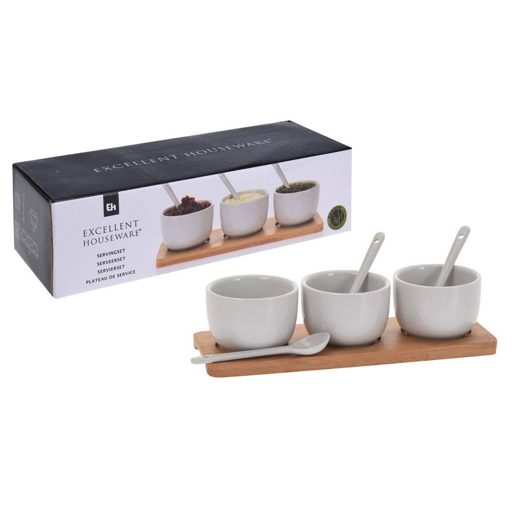 3 Dip Serving Bowls With Bamboo Tray