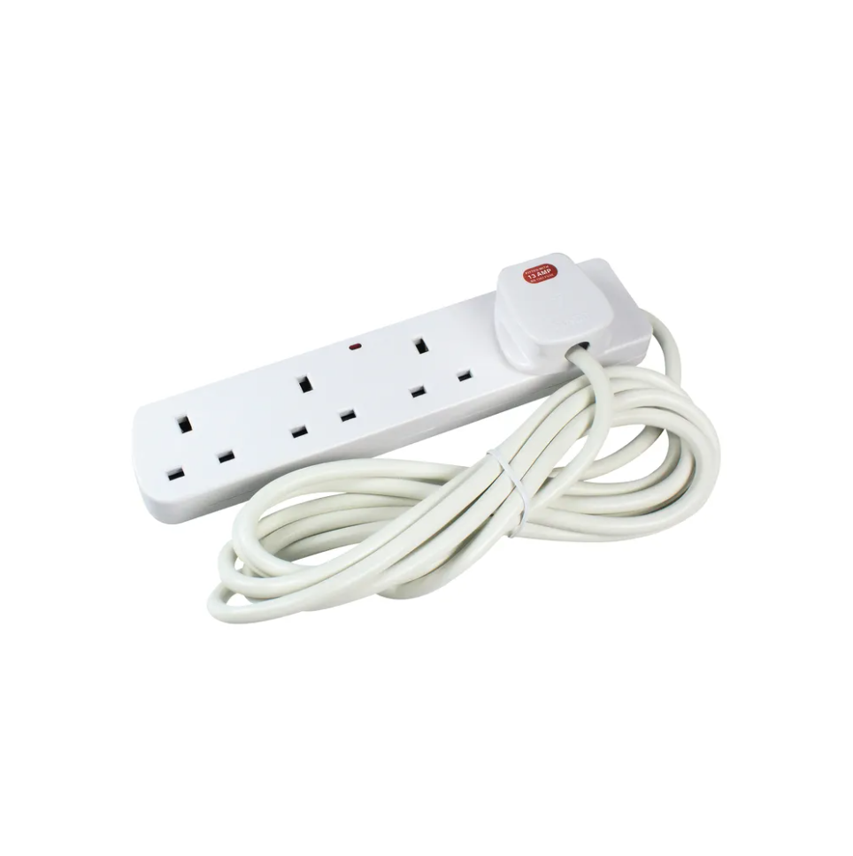 Pifco 4 Way UK Plug 13A 250V Extension Lead with 2 Metre High-Quality Cable - Neon Power On Indicator - White