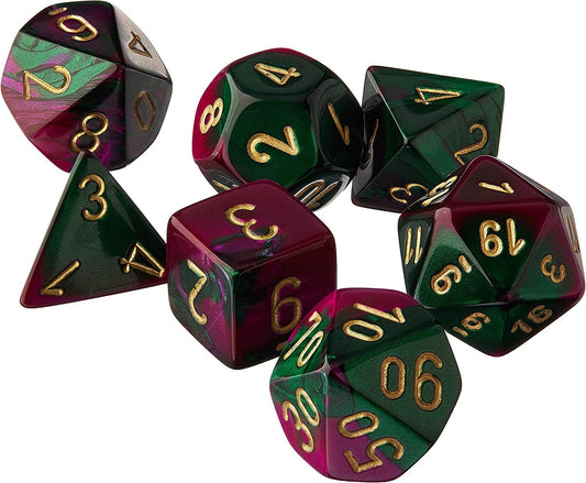 Chessex Gemini Poly 7 Set: Green-Purple/Gold Dice Set