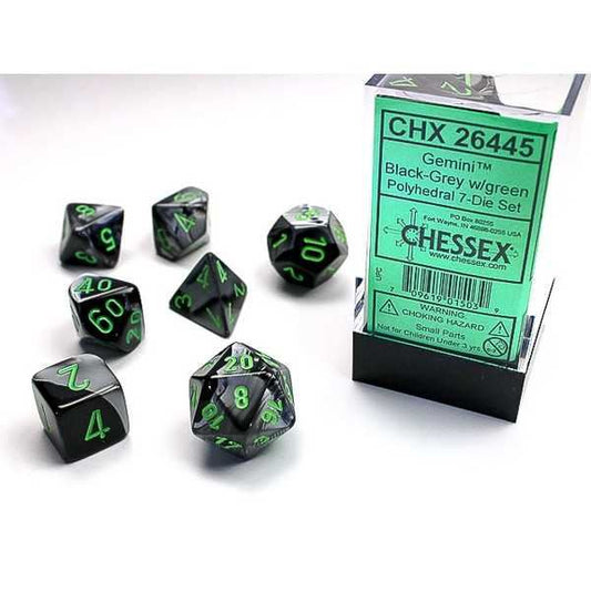 Chessex Gemini Poly 7 Set: Black-Grey/Green Dice Set