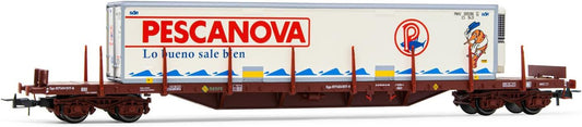 Electrotren RENFE MMQC 4-axle stake wagon loaded with refrigerated container PESCANOVA period IV