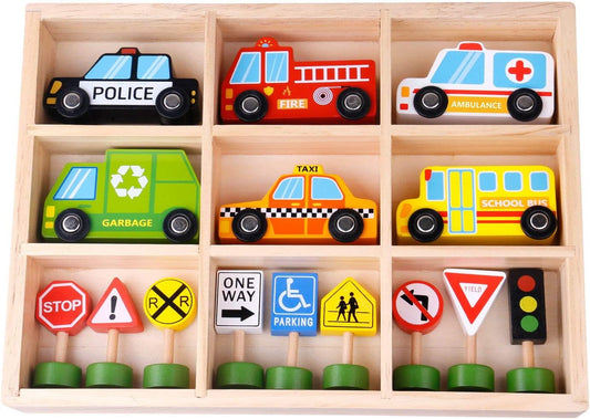 Tooky Toy Wooden Transportation & Street Signs Set