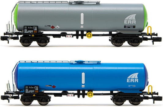 Arnold ERR 2-unit set 4-axle tank wagons 1x green grey 1 x light blue dark blue livery period VI