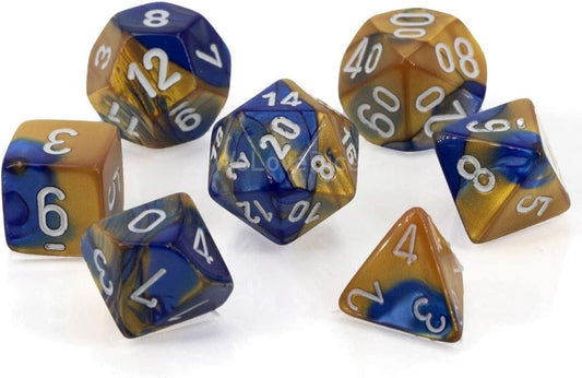 Chessex Gemini Poly 7 Set: Blue-Gold/White Dice Set