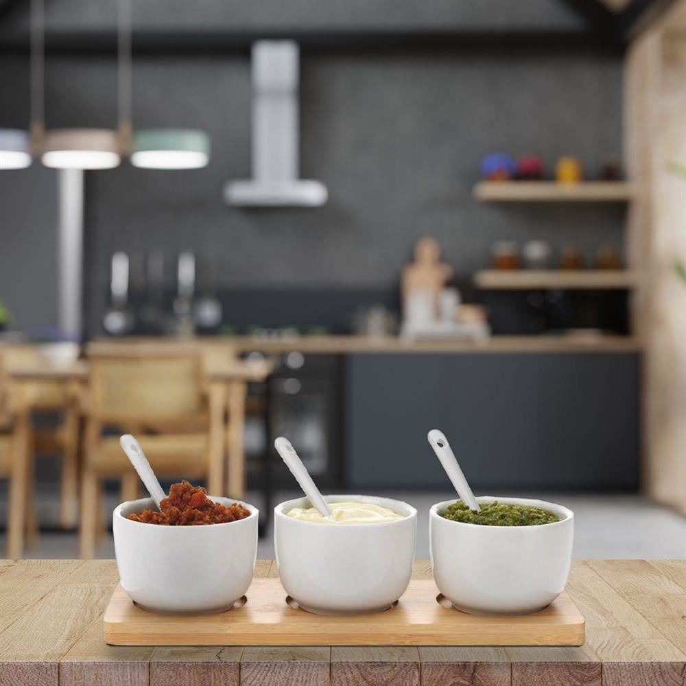 3 Dip Serving Bowls With Bamboo Tray